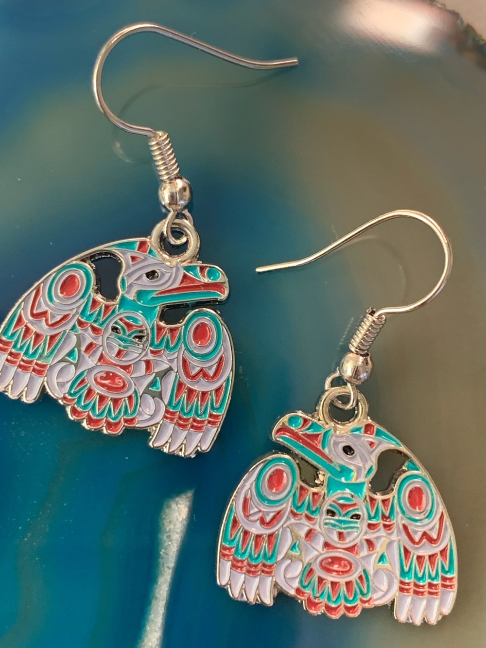 First Nation  Cloisonné Drop Earrings Raven -Vintage Joe Wilson